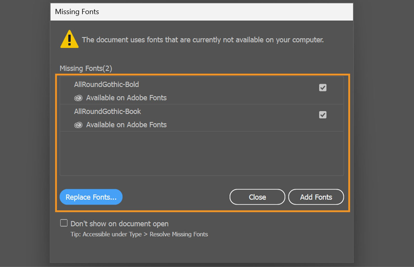 The Missing Fonts dialog box displays a list of missing fonts with option to add or replace them.