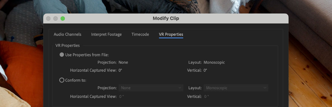 The Modify Clip dialog box has the VR Properties tab selected and the option to select either Use Properties from File or Confirm to.