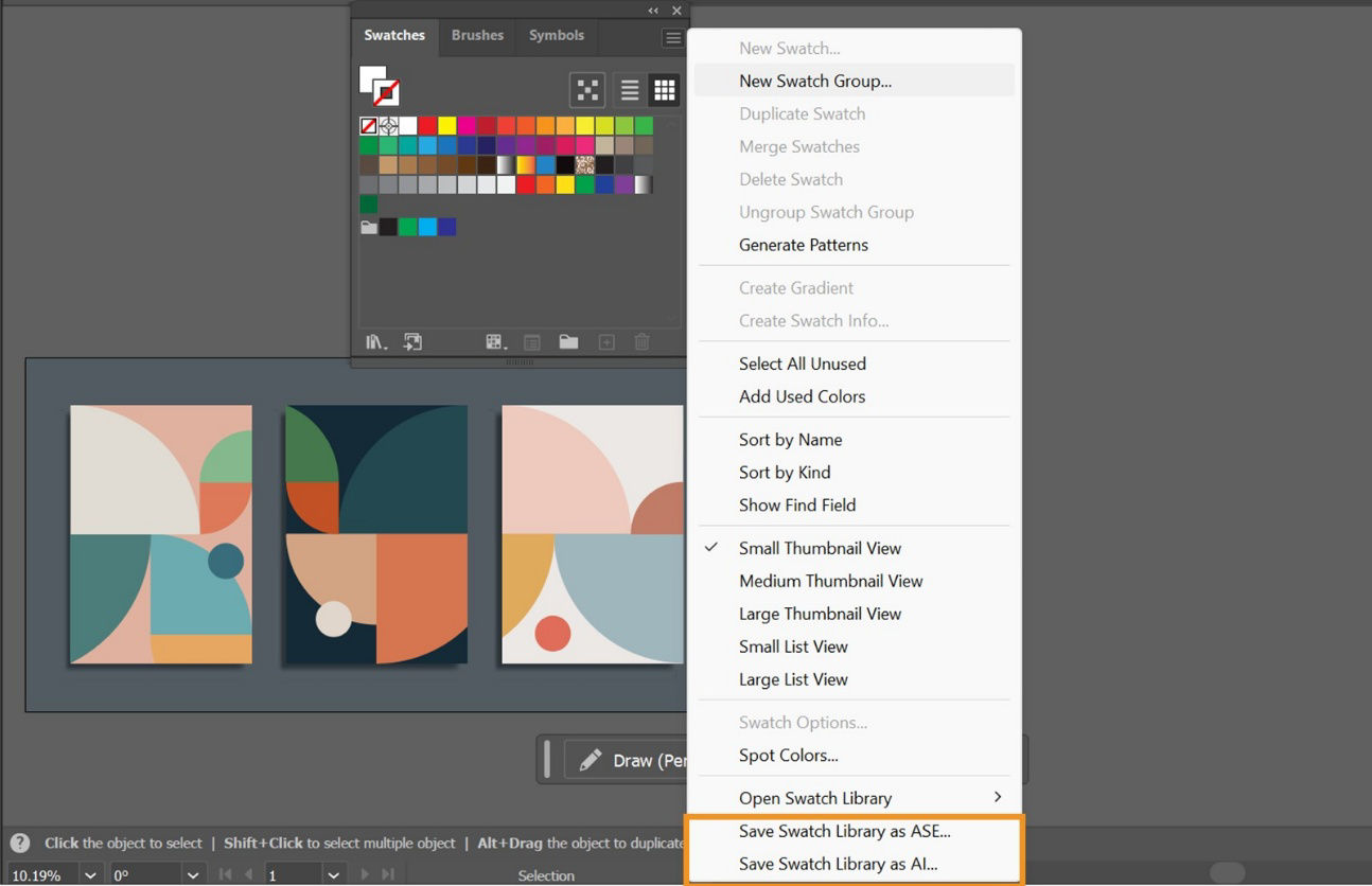 The More options menu in the Swatches panel is displayed on the screen showcasing options like Generate Patterns, Spot Colors, Open Swatch Library, and more.