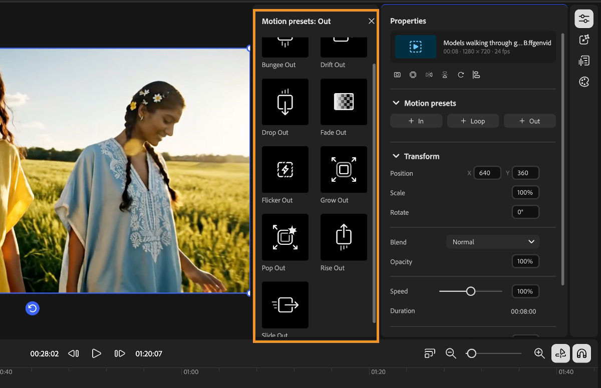 The Motion presets menu displays Out presets such as Bungee Out, Drop Out, and Slide Out.