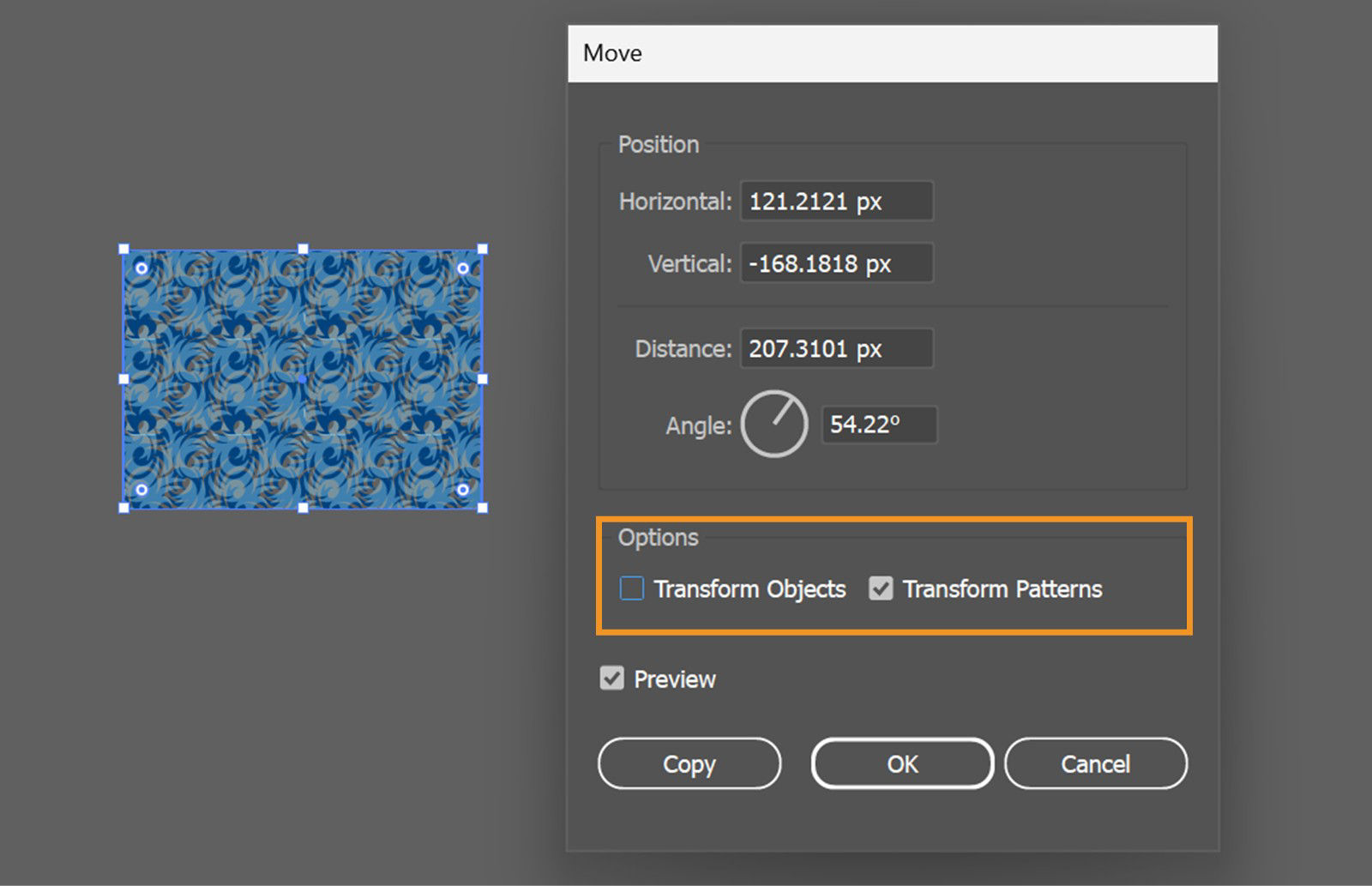 The Move dialog box is displayed on the screen displaying various Position settings such as Horizontal, Vertical, and more.
