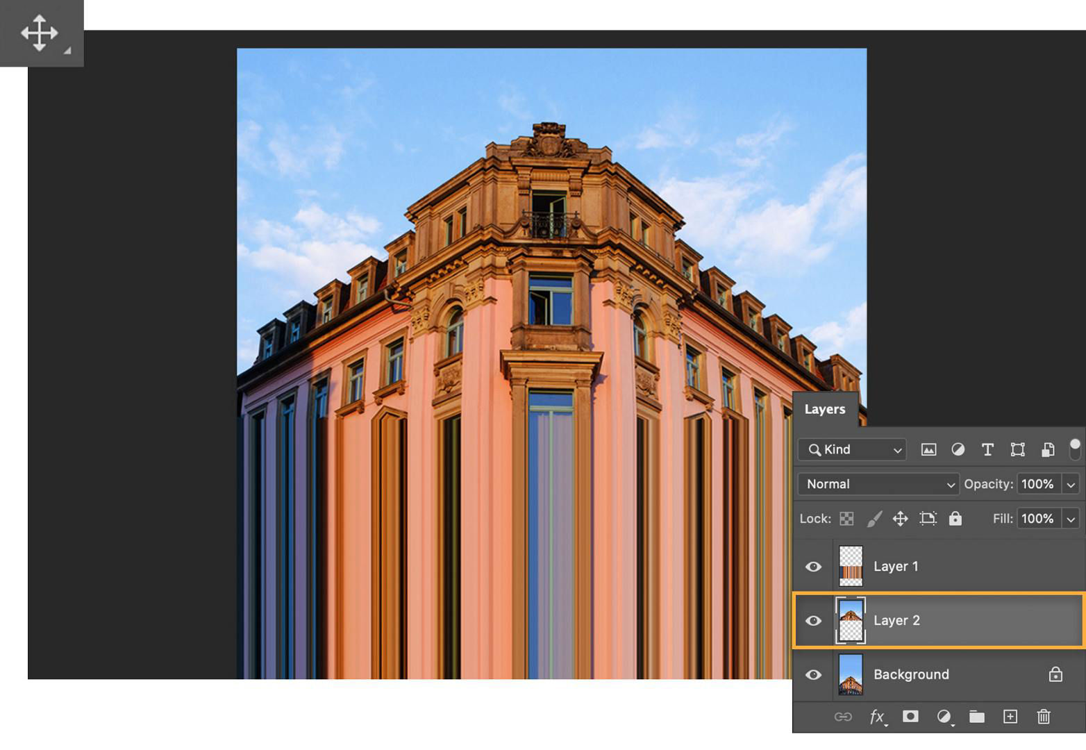 The Move tool is upper left and an unstretched top of the building displays on the stretched part.