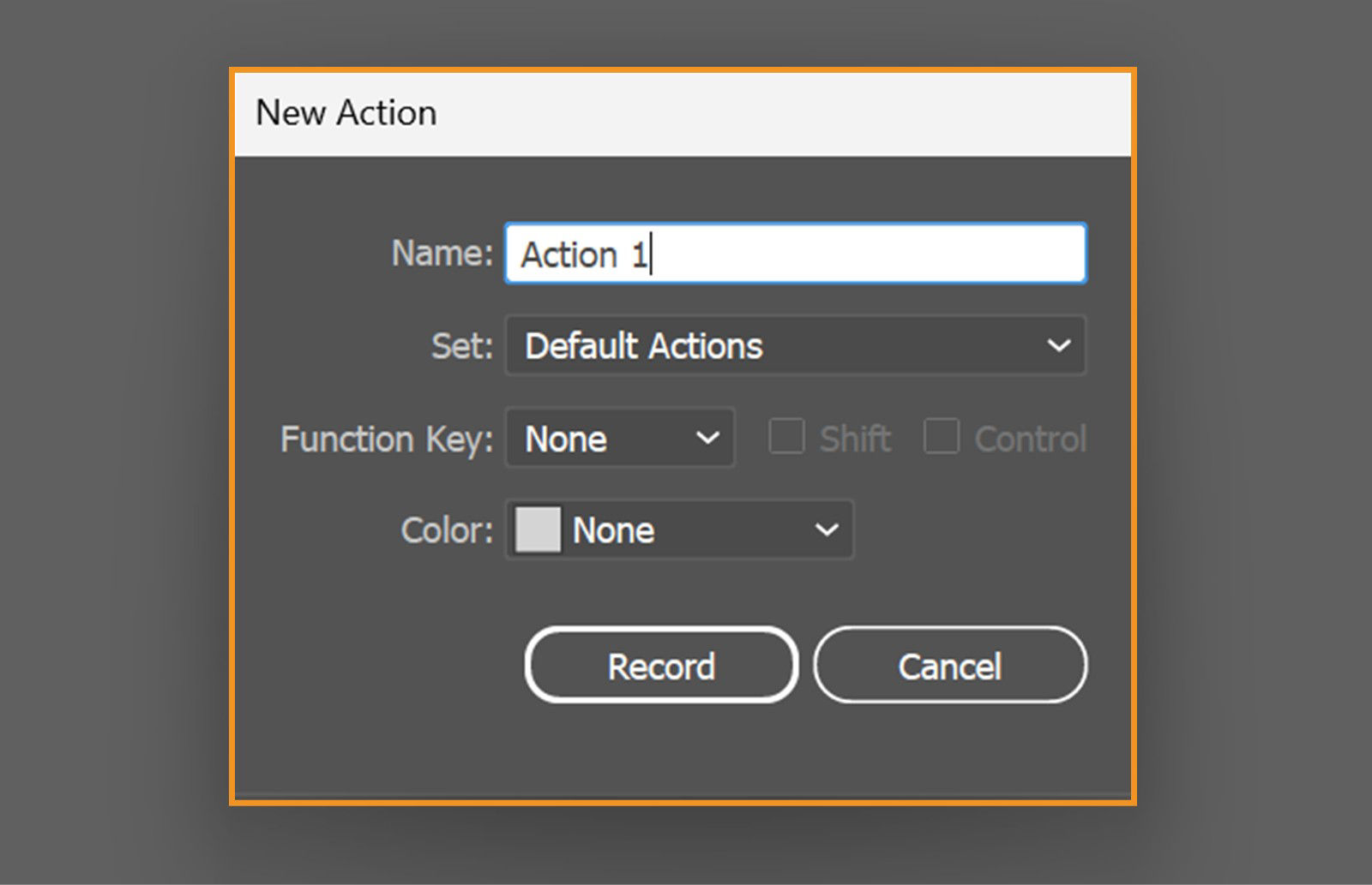 The New Action dialog box displays fields for naming the action, selecting an action set, assigning a function key, and selecting a color for Button Mode.