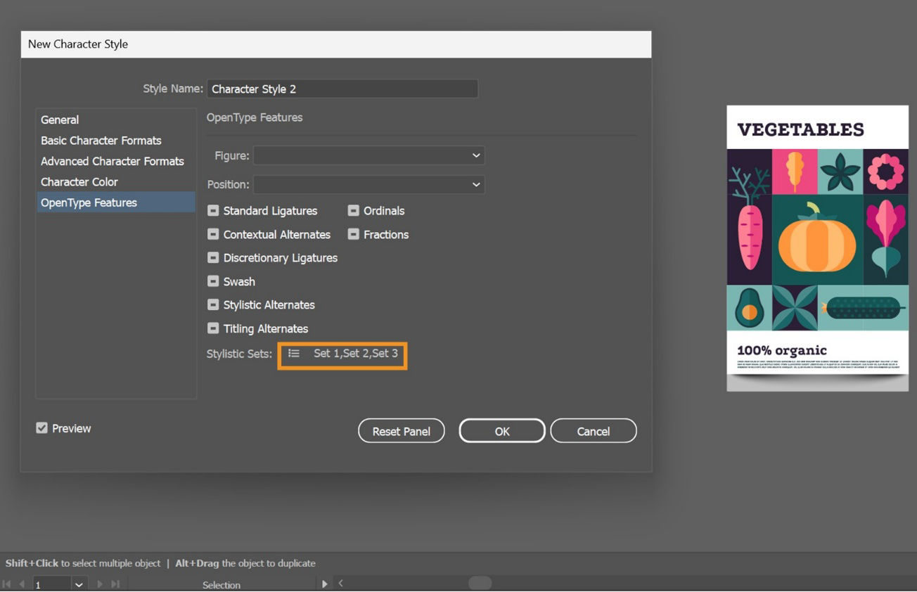The New Character Style dialog box displays a highlighted Stylistic Sets menu along with other options such as Style Name, OpenType Features and more.