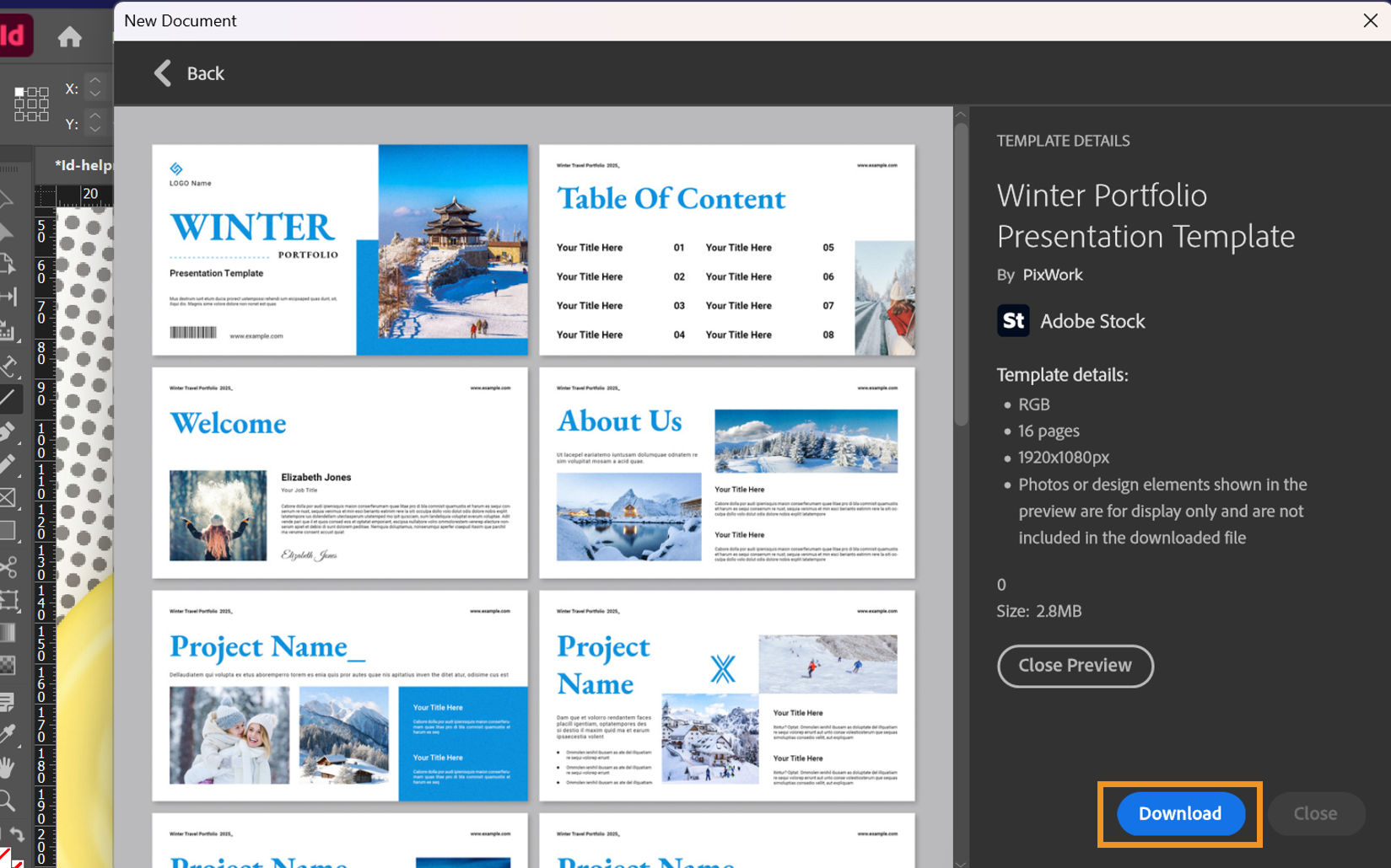 The New Document dialog, showing the selected template preview, the template details, and the highlighted Download button.