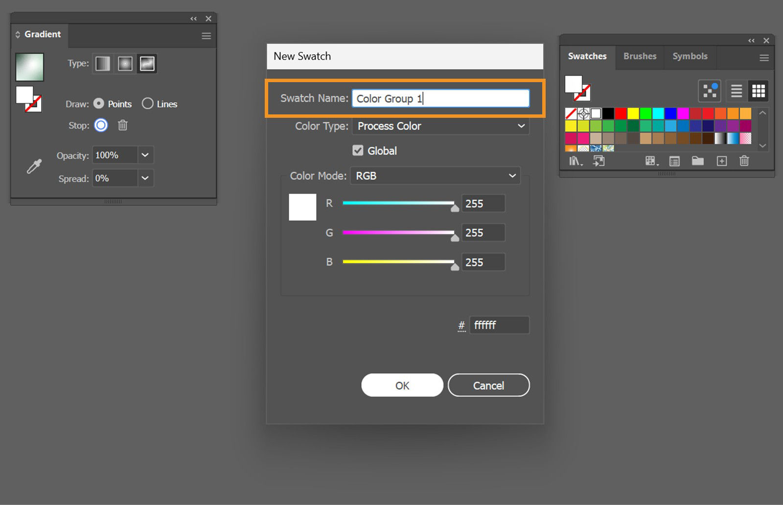The New Swatch dialog displays the Swatch Name field highlighted along with other options. 