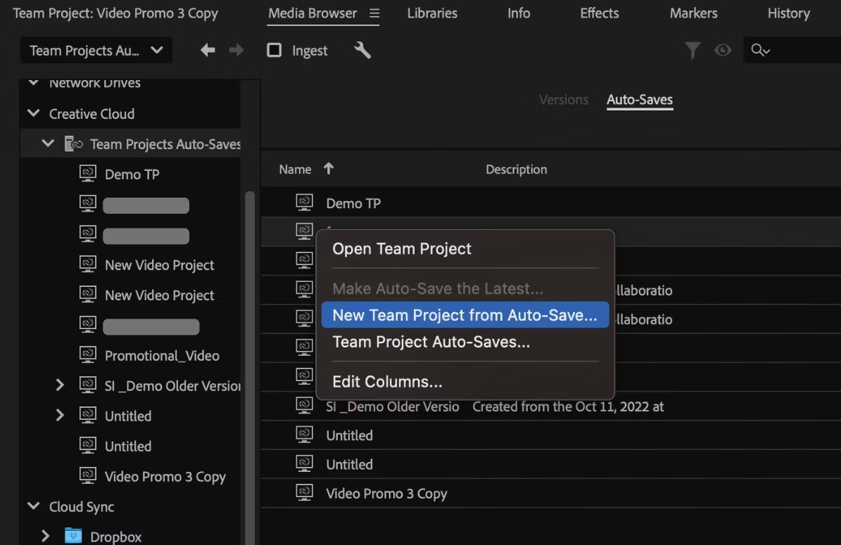 The New Team Projects from Auto-save selected for the selected existing Team Projects and a new Team Projects is being created.