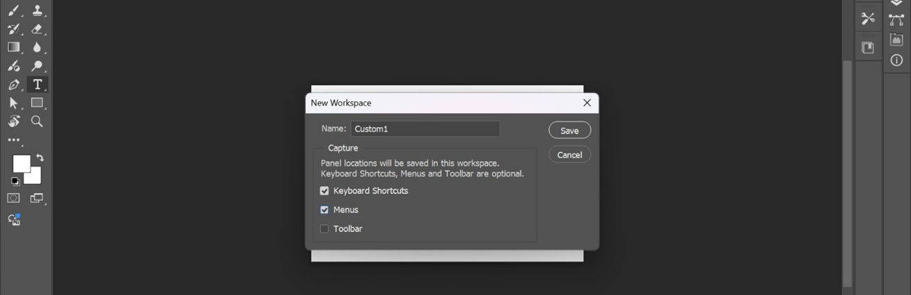 The New Workspace dialog box in Adobe Photoshop, showing options to name the workspace and capture panel locations, keyboard shortcuts, menus, and toolbar.