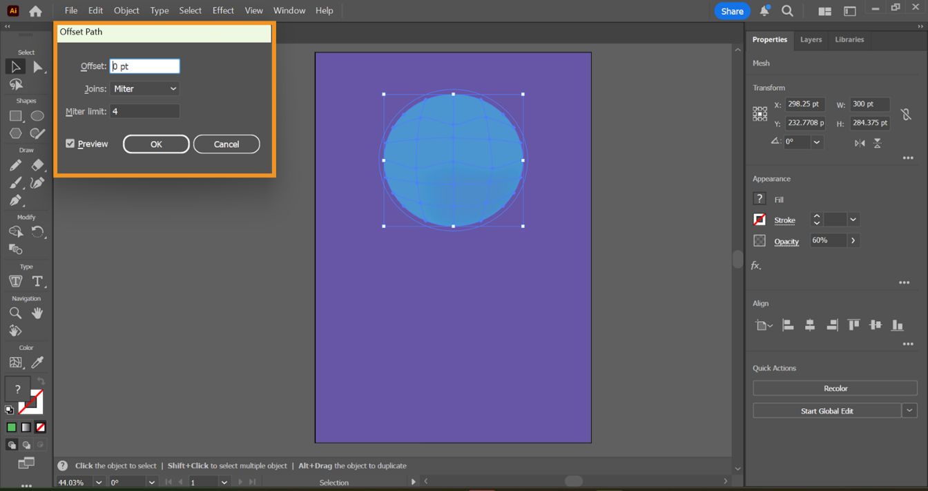 The Offset Path dialog box appears on the screen, displaying settings like Offset, Joins, and more.
