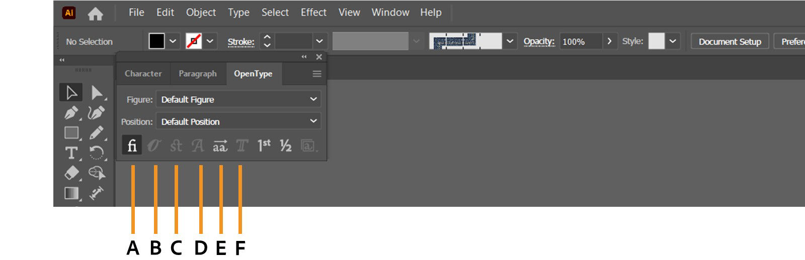 The OpenType panel is displayed on the screen showcasing options such as Standard Ligatures, Contextual Alternates, Discretionary Ligatures, and more.