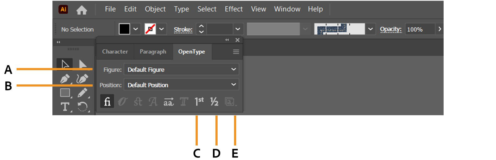 The OpenType panel is displayed on the screen showcasing options such as Figure, Position, Ordinals and more.