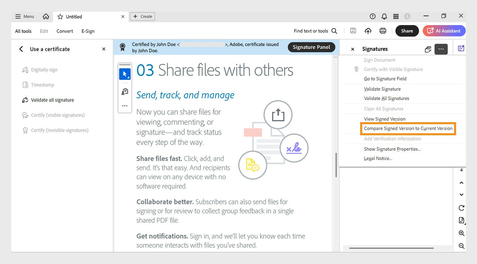 The Option menu of the Signature Panel displays the following options: Sign Document, Certify with Visible Signature, Go to Signature Field, Validate Signature, Validate All Signatures, Clear All Signatures, View Signed Version, Compare Signed Version to Current Version, Add Verification Information, Show Signature Properties, and Legal Notice. 