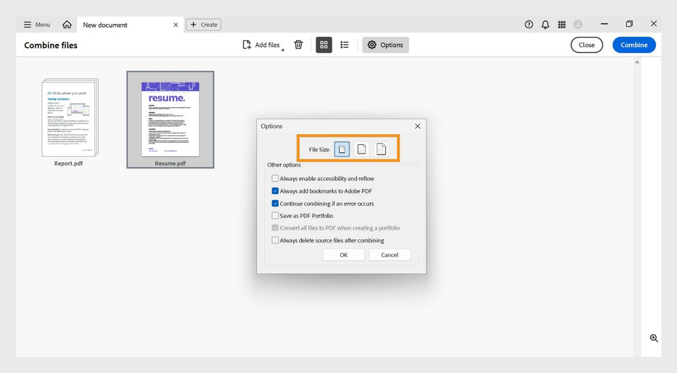 The Options dialog box displays various file sizes along with other combining options to enable file accessibility, add bookmarks, combine with errors, save files as PDF portfolio, convert to PDF when creating PDF portfolio, and delete source files after combining.