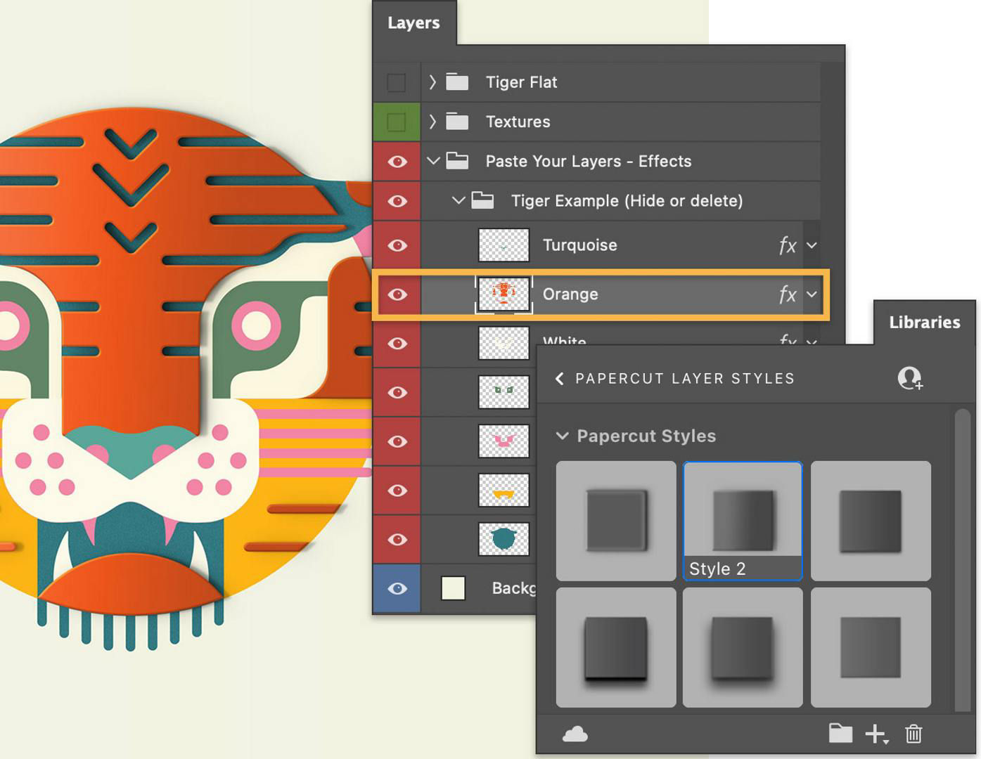 The Orange layer is selected and Style 2 is selected in the Papercut Styles folder, applying the Style 2 shadow to the orange parts of the illustration.