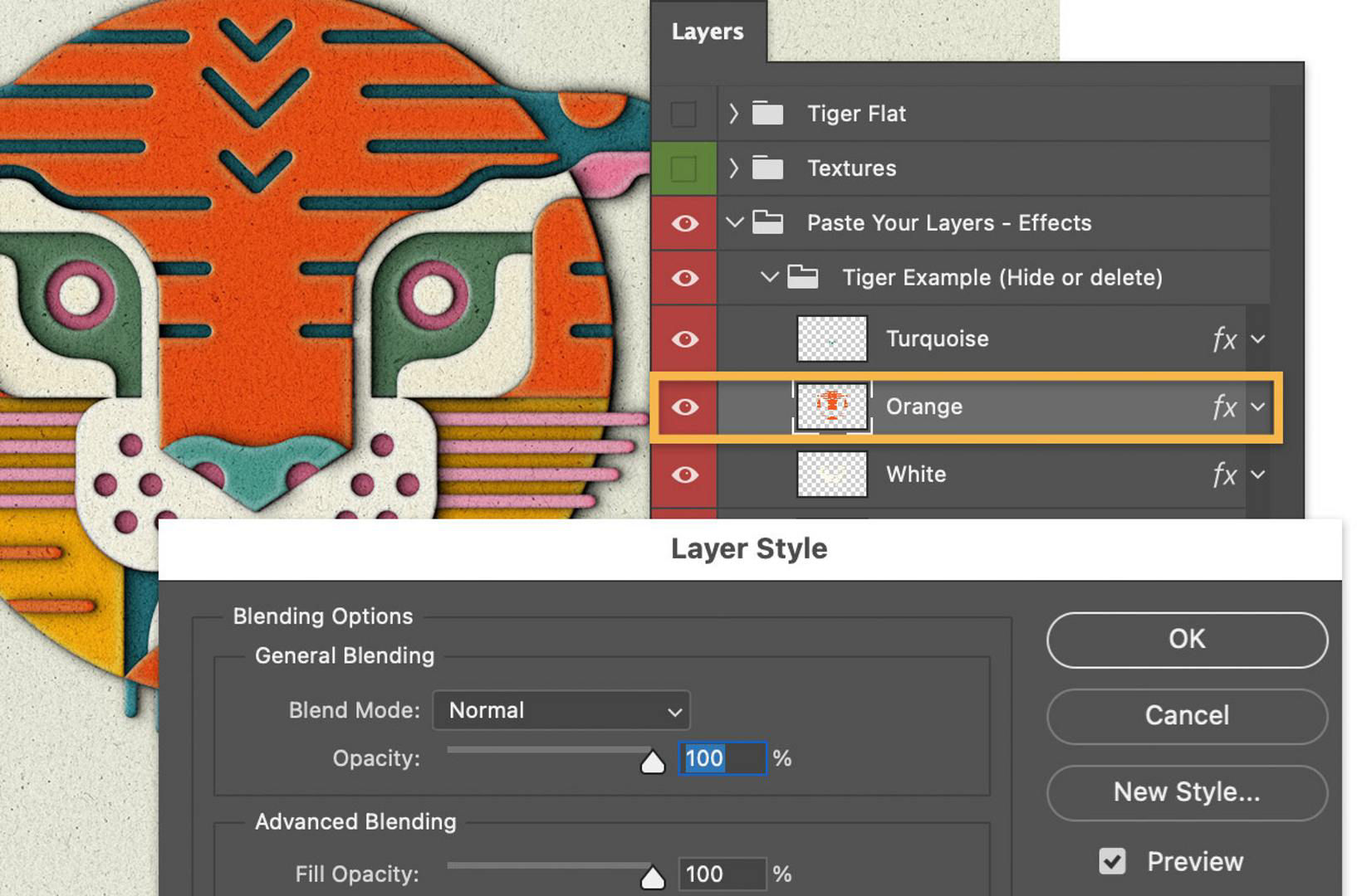 The Orange layer is selected and the Opacity is set to 100% in the Layer Style panel. 