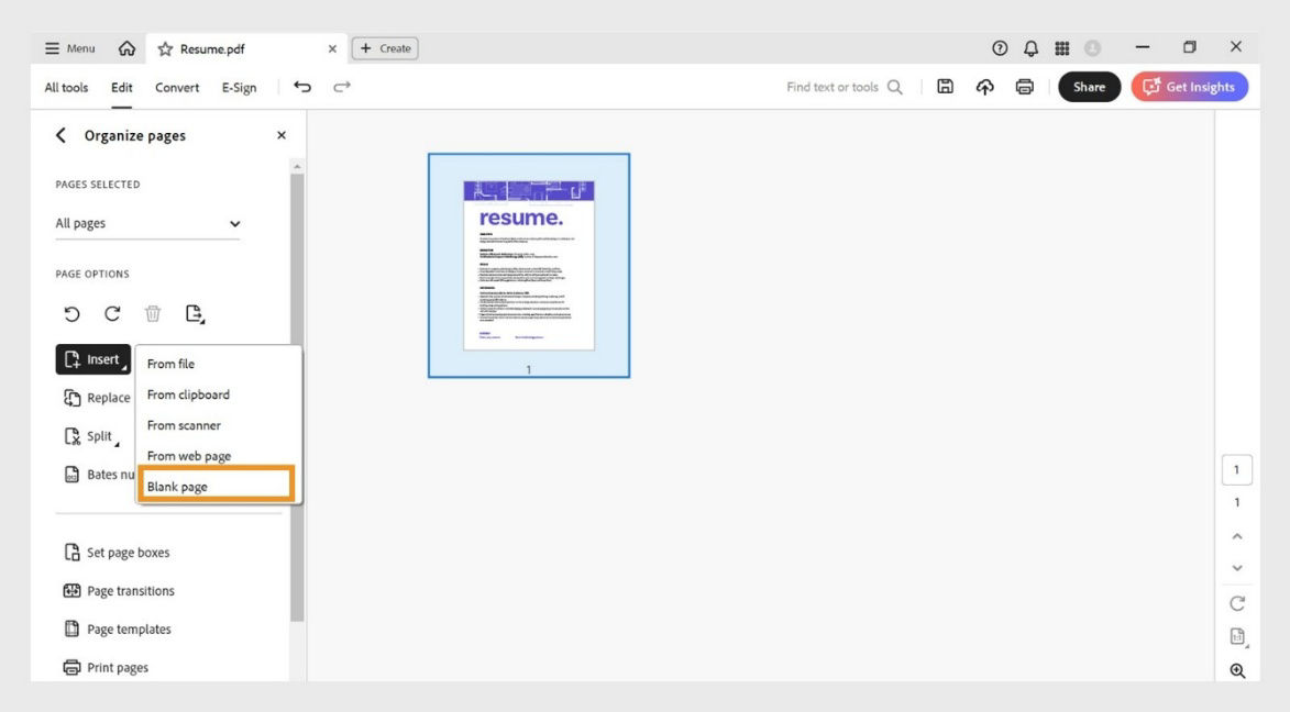 The Organize Pages tool in Acrobat with the Insert menu expanded and the Blank Page option highlighted for adding a new page.