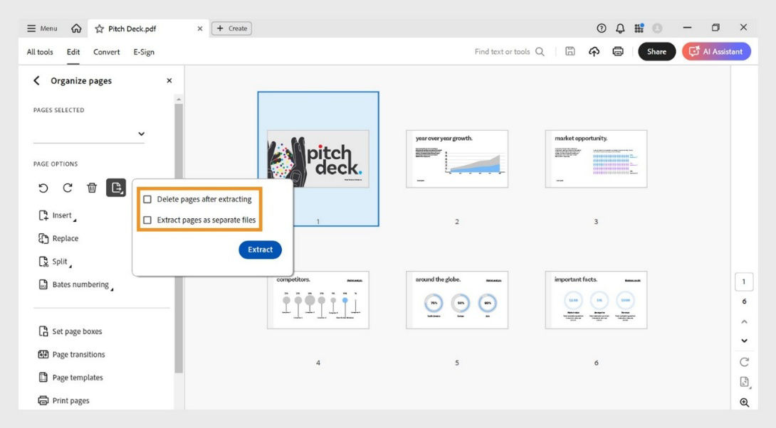 The Organize pages panel displays the Extract page dialog box with the following options: Delete pages after extracting and Extract pages as separate files. There is an Extract button to confirm the action.