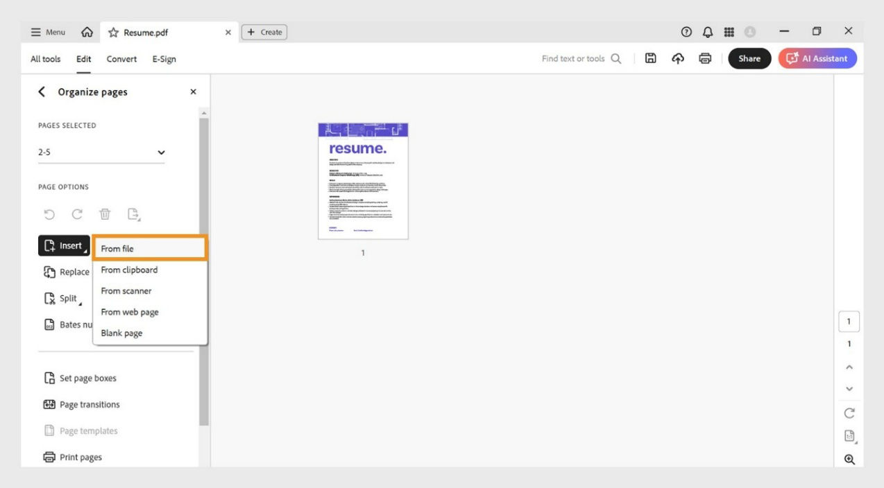 Insert menu expanded in the Organize Pages tool showing options to add a page from a file, clipboard, scanner, web page, or as a blank page.