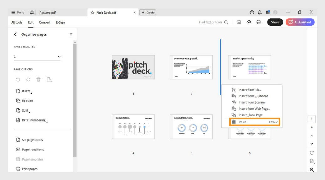The Organize pages view shows page thumbnails. The context menu is open, with the Paste option highlighted for inserting a copied page or cut page.