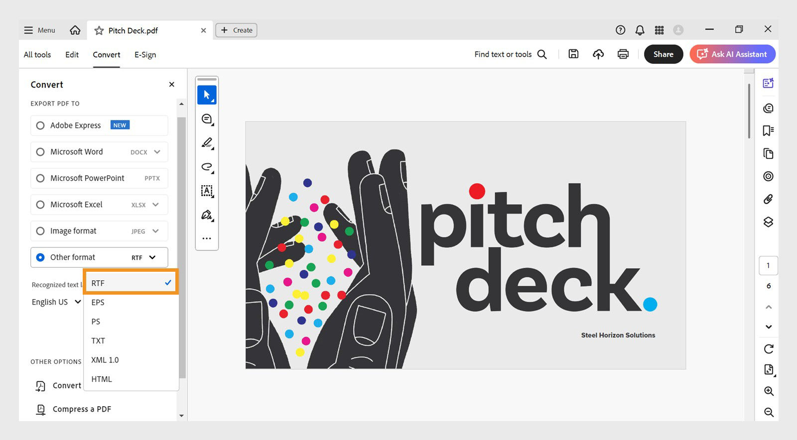The Other format drop-down menu in the Export PDF to section highlights the RTF option from the left pane. 