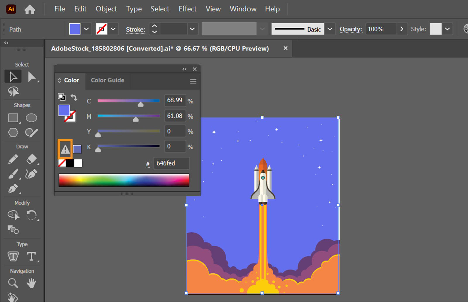 The Out-of-Gamut warning symbol is highlighted in the Color panel.