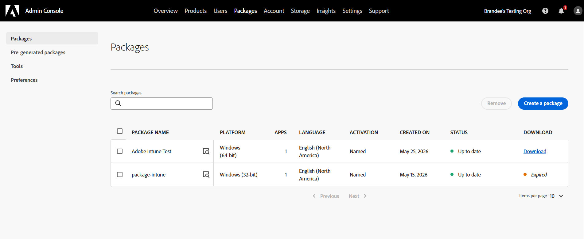The Packages page in the Adobe Admin Console shows a list of available packages with their platform, status, and download options.