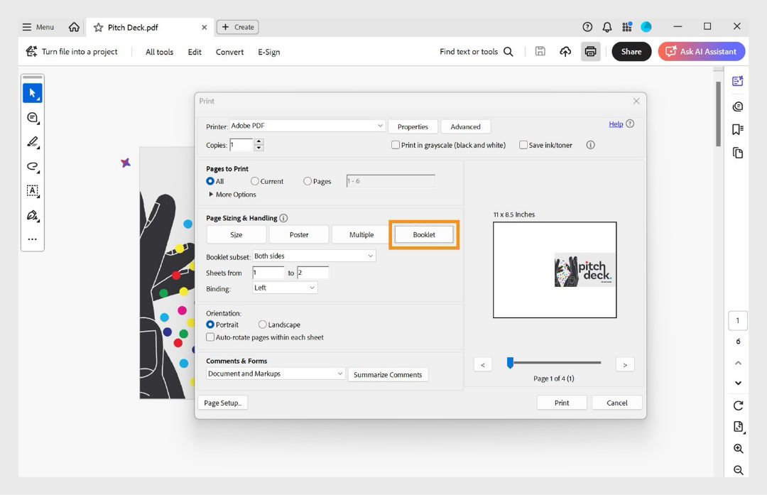 The Page Sizing & Handling section in the Print dialog box shows the Booklet option selected, with Booklet subset, Binding, and Sheets under it. 