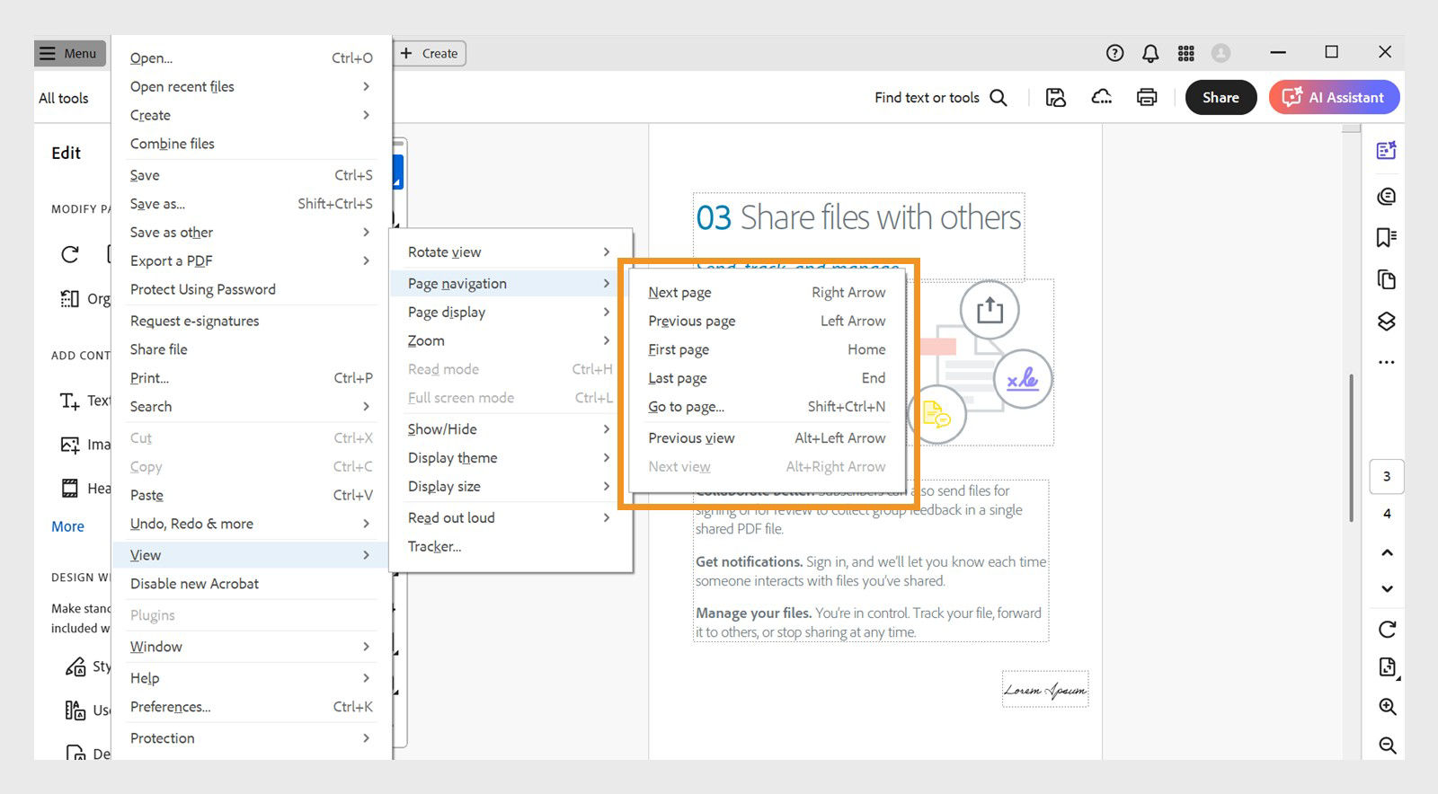 The Page navigation menu in the View menu displays a list of navigation options in Acrobat.
