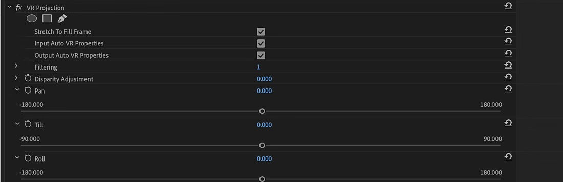 Under the VR Projection effect, the Pan, Tilt, and Roll properties are listed to be adjusted to rotate the video sphere.