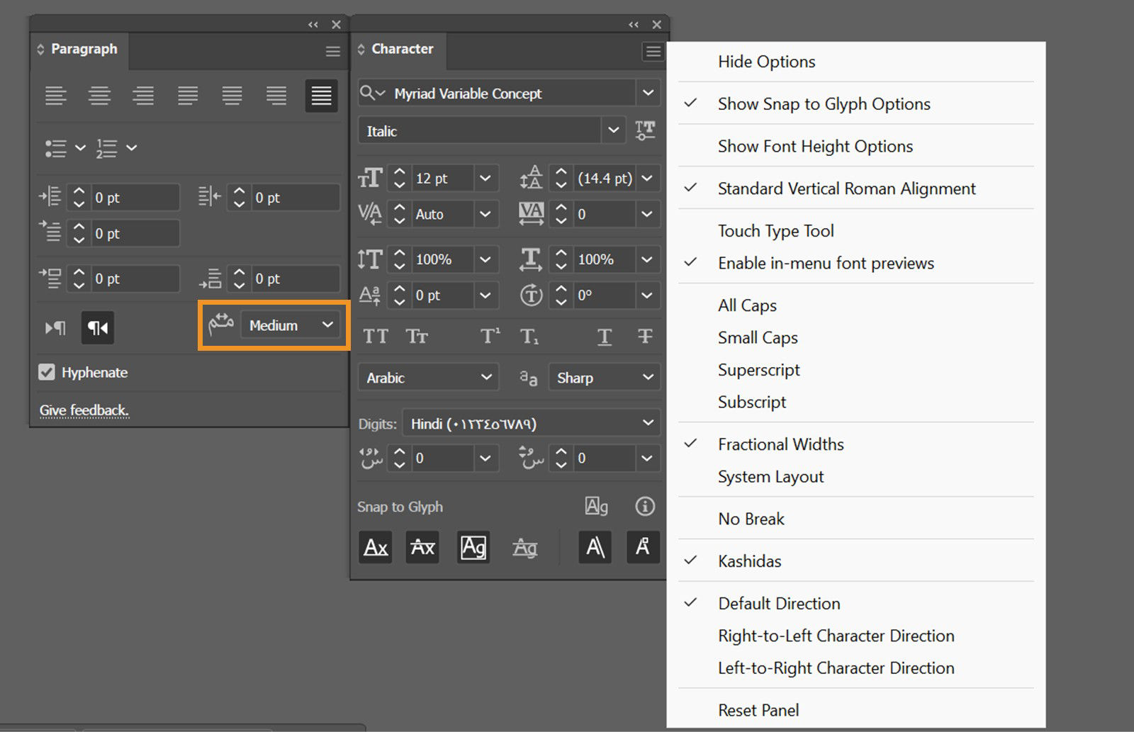 The Paragraph panel displays various options to align and modify Arabic text with highlighted Insert Kashidas dropdown, while the Character panel displays various font editing options along with Kashidas enabled for Arabic text.