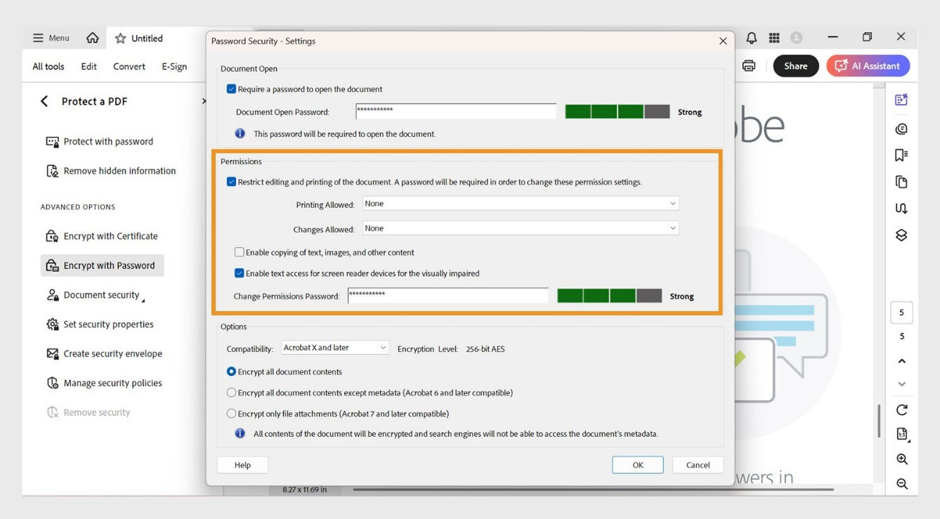 The Password Security  - Settings dialog box displays the following settings: Document Open, Permissions, and Options. The Permissions setting allows users to set a password to control editing, printing, and copying.