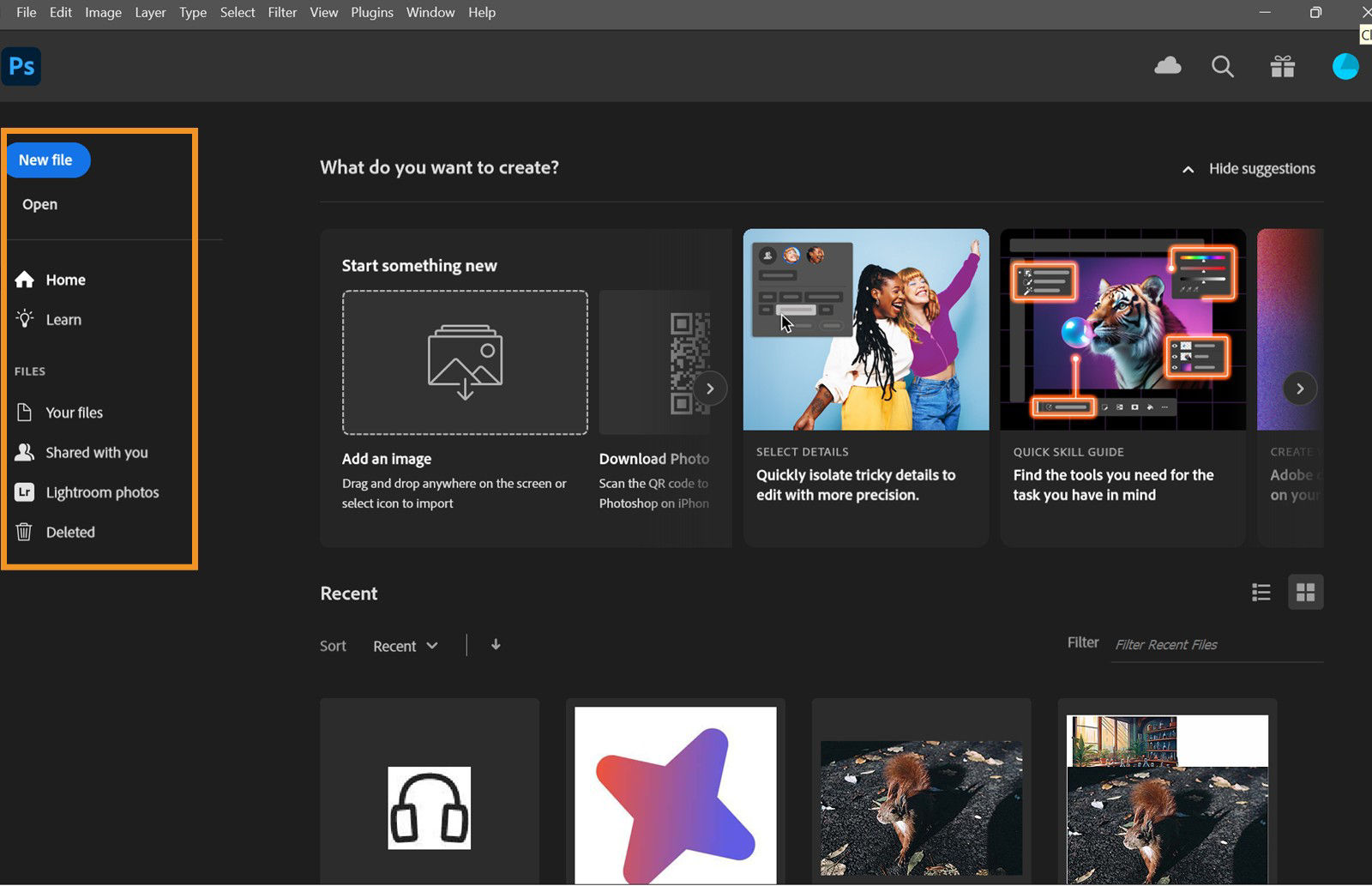 The Photoshop Home screen shows tabs like Home, Learn, and Files. Recent files appear in the center, and tutorials are accessible.