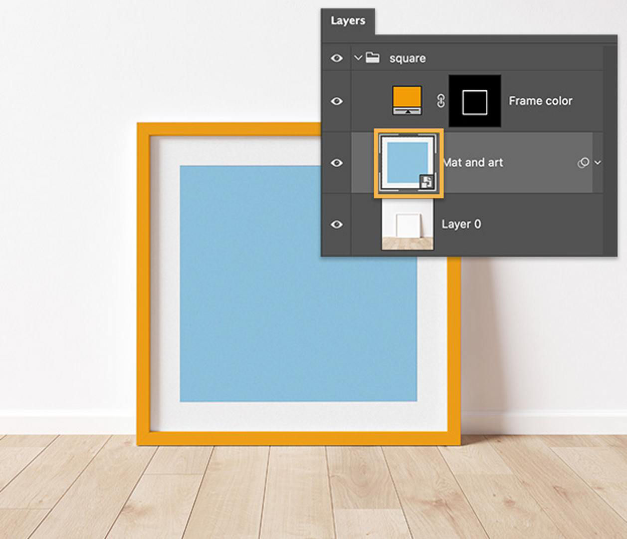 The Photoshop Layers panel and a stock photo of an empty yellow picture frame leaning against a white wall.