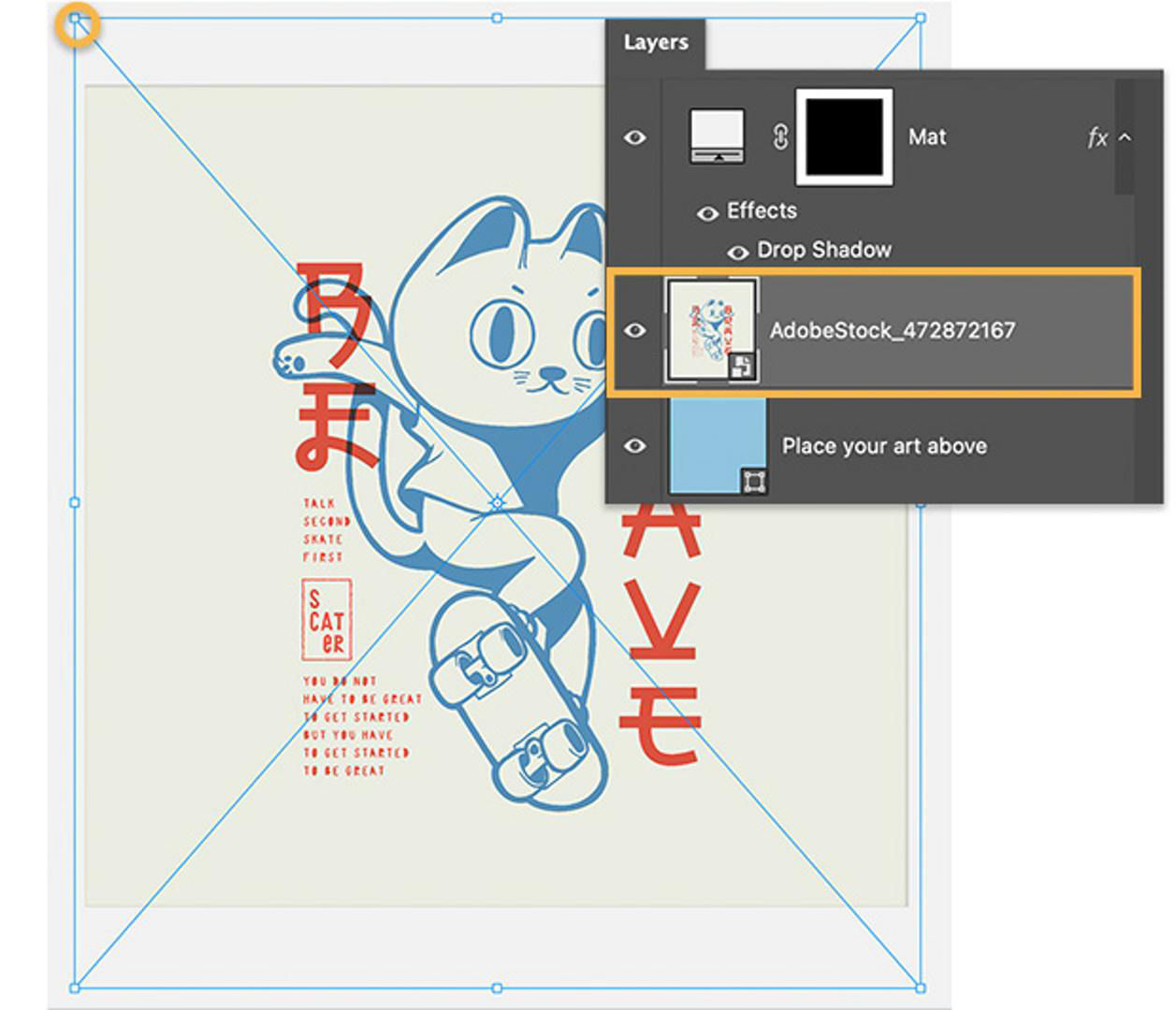 The Photoshop Layers panel with a new layer added and an illustration of a cat on a skateboard with red lettering.