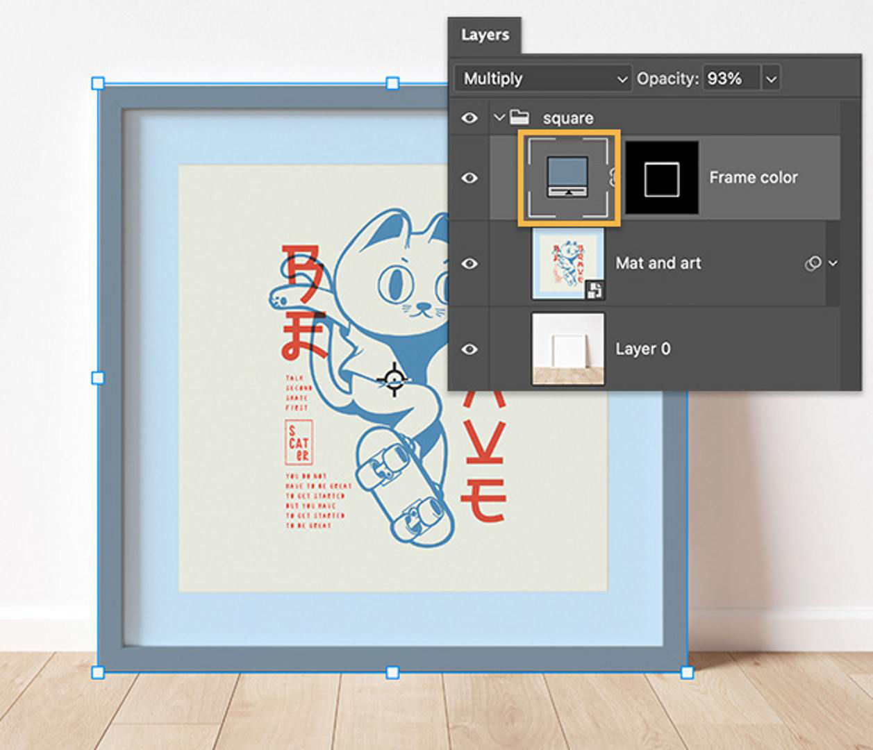 The Photoshop Layers panel with the cat artwork and the frame recolored to match the art.