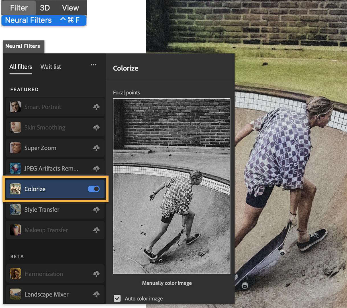The Photoshop Neural Filters panel showing the Colorize filter selected and the black-and-white skateboarder image with colors automatically applied.