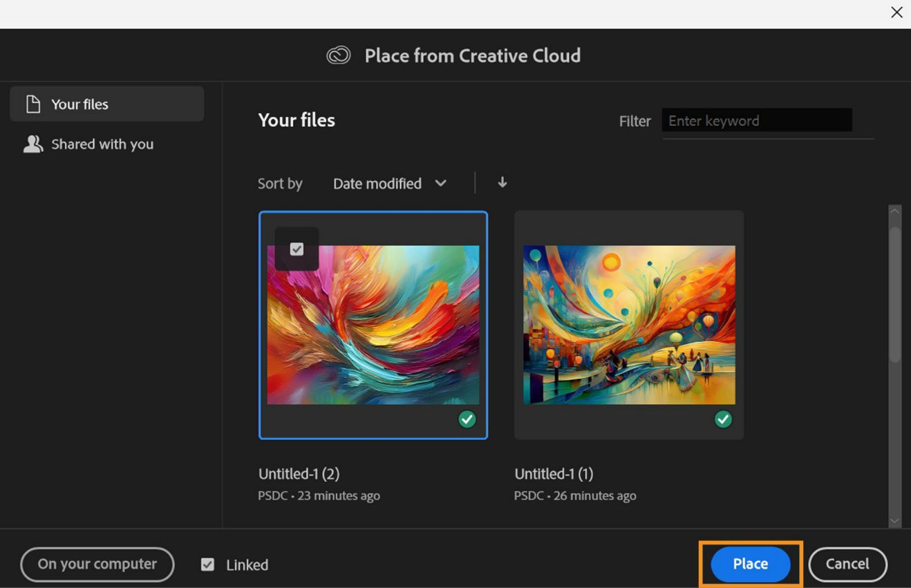 The Place from Creative Cloud dialog box displays files for users to place in Illustrator artboard. 