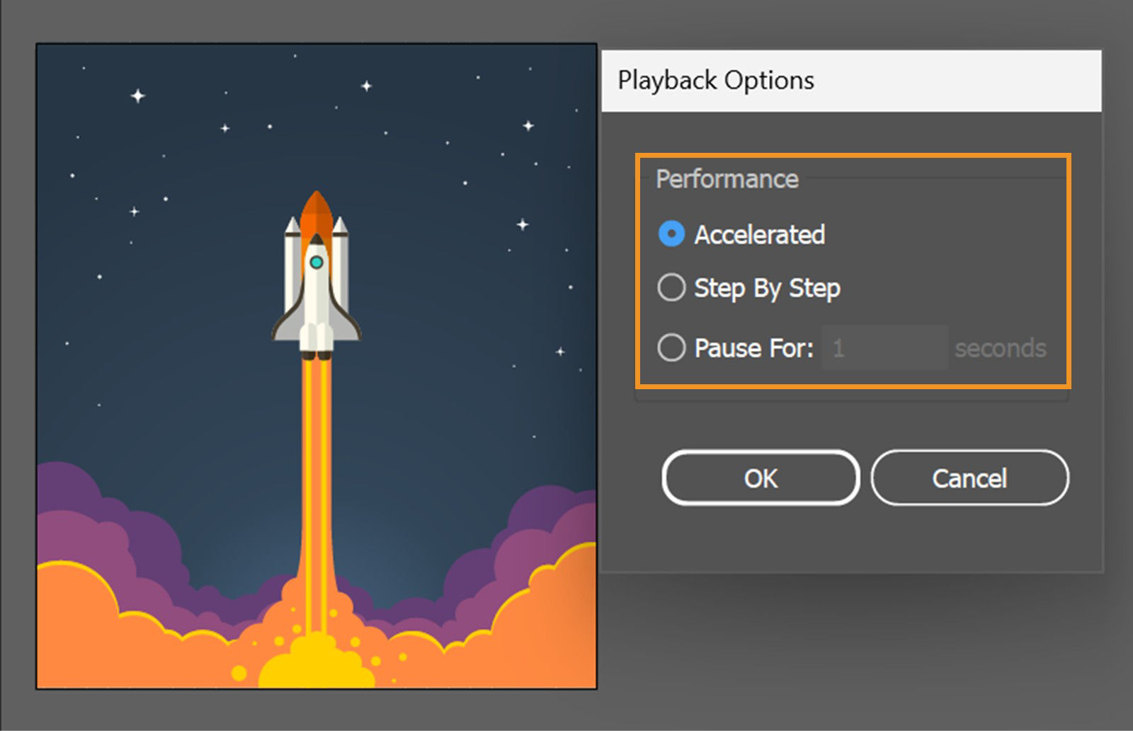 The Playback Options dialog box displays the highlighted options under the Performance section. 