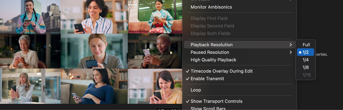 The Playback Resolution menu displays various resolutions, including 1/2, 1/4, and 1/8. Currently, 1/2 is selected.