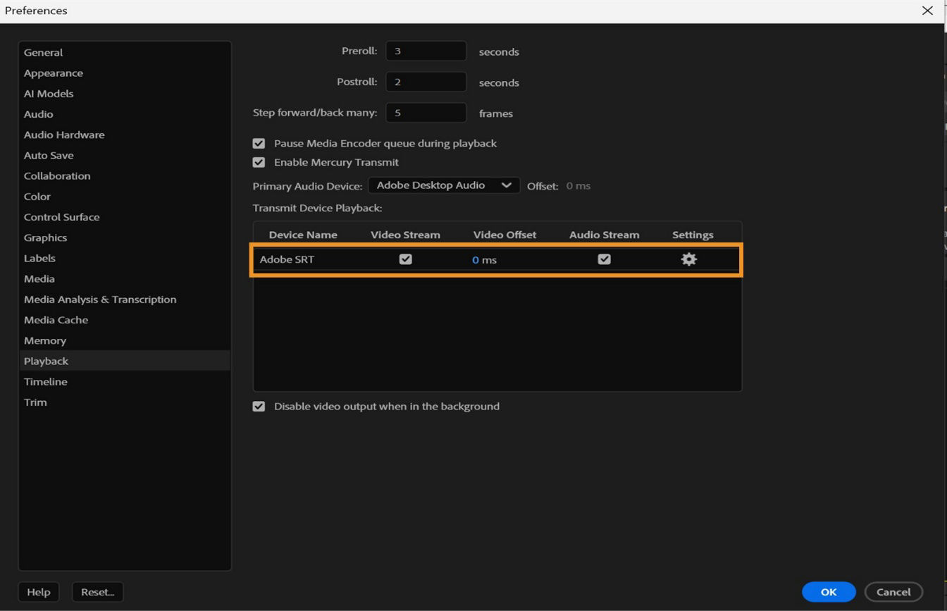 The Playback preferences panel shows the Adobe SRT setting enabled to transmit synchronized video and audio streams.