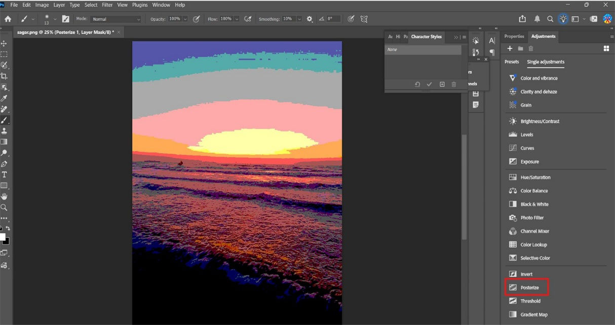 The Posterize adjustment lets you specify the number of tonal levels (or brightness values) for each channel in an image and then maps pixels to the closest matching level. This adjustment is useful for creating special effects, such as large, flat areas in a photograph. Its effects are most evident when you reduce the number of gray levels in a grayscale image, but it also produces interesting effects in color images.