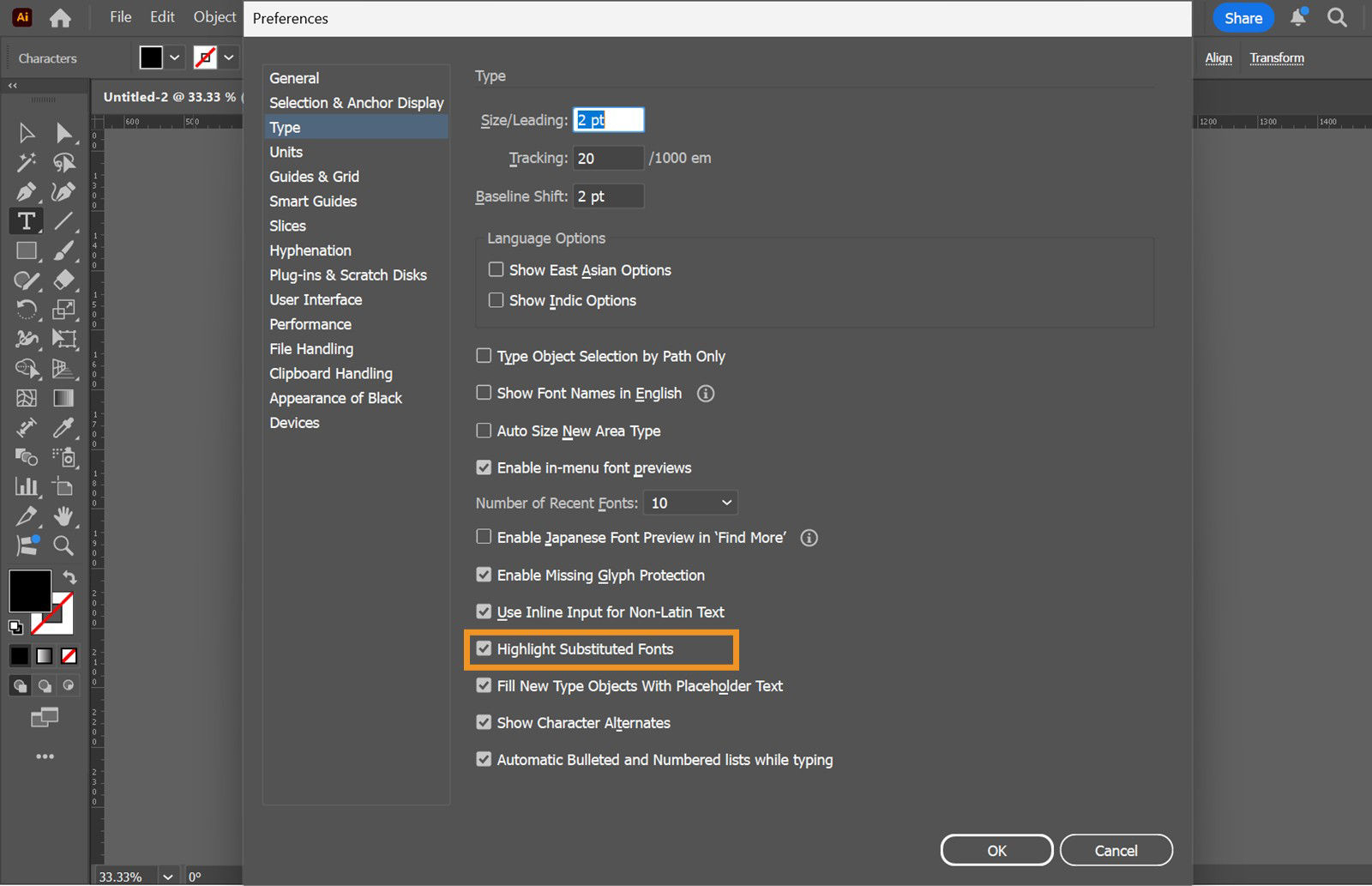 The Preferences dialog box displays text modification options under the Type category, with the Highlight Substituted Fonts option highlighted.