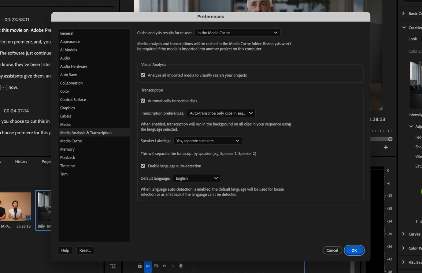 The Preferences dialog box is open, and the Media Analysis & Transcription option is selected to display settings such as Visual Analysis and Transcription.
