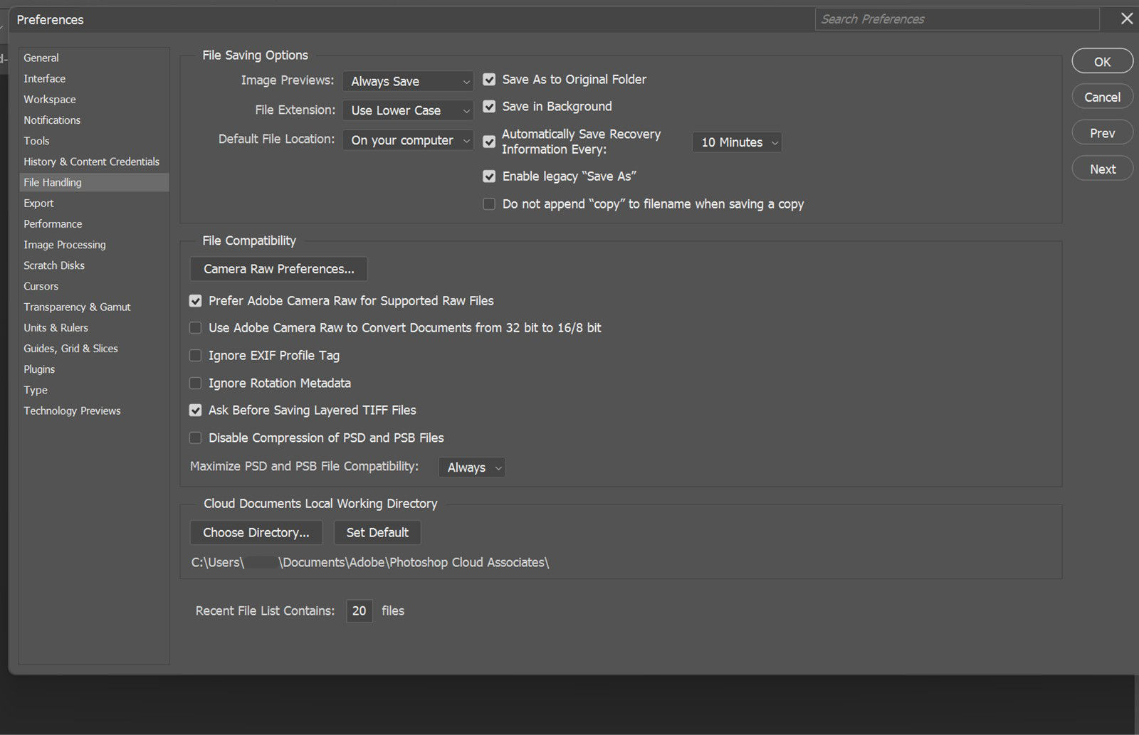 The Preferences dialog box is open and the File Handling panel is displayed with options to set file saving behaviors, recovery intervals, default file locations, and compatibility settings.