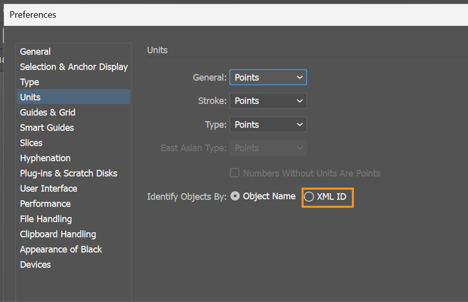 The Preferences dialog box shows XML ID highlighted under Units.