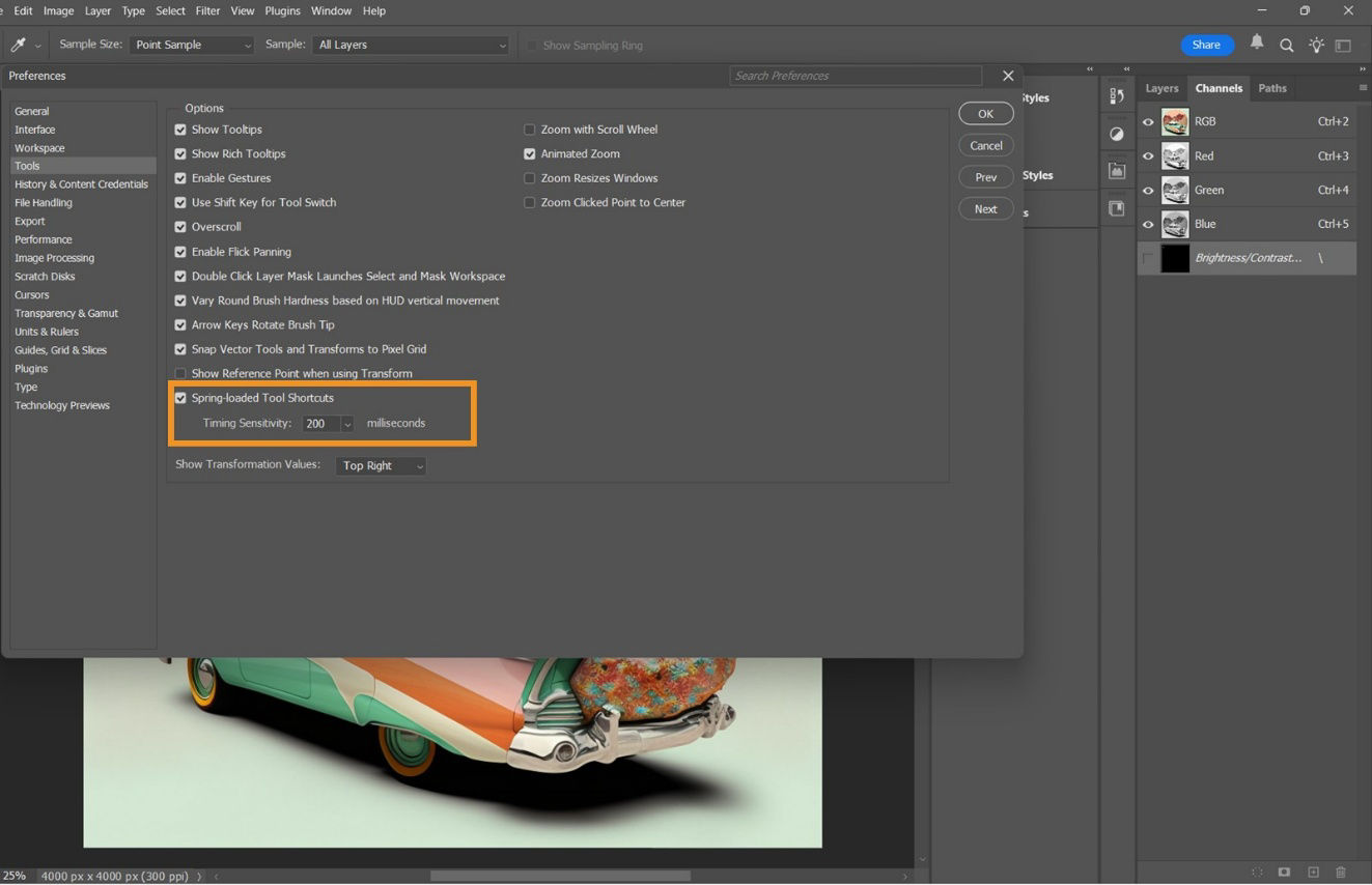 The Preferences dialog box shows the Tools section with “Spring-loaded Tool Shortcuts” enabled and timing set to 200 milliseconds.