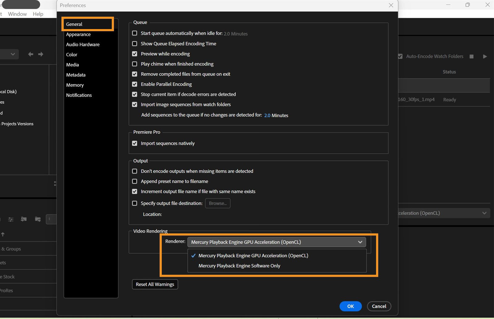 The Preferences dialog is open. In General panel, Video Rendering section, the Renderer drop-down with the option Mercury Playback Engine GPU Acceleration (OpenCL) is highlighted. 