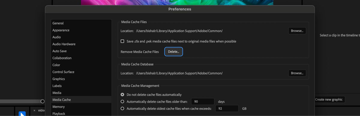 The Preferences dialog is open and the options Media Cache and Delete are highlighted. Select Delete to clear media cache. 
