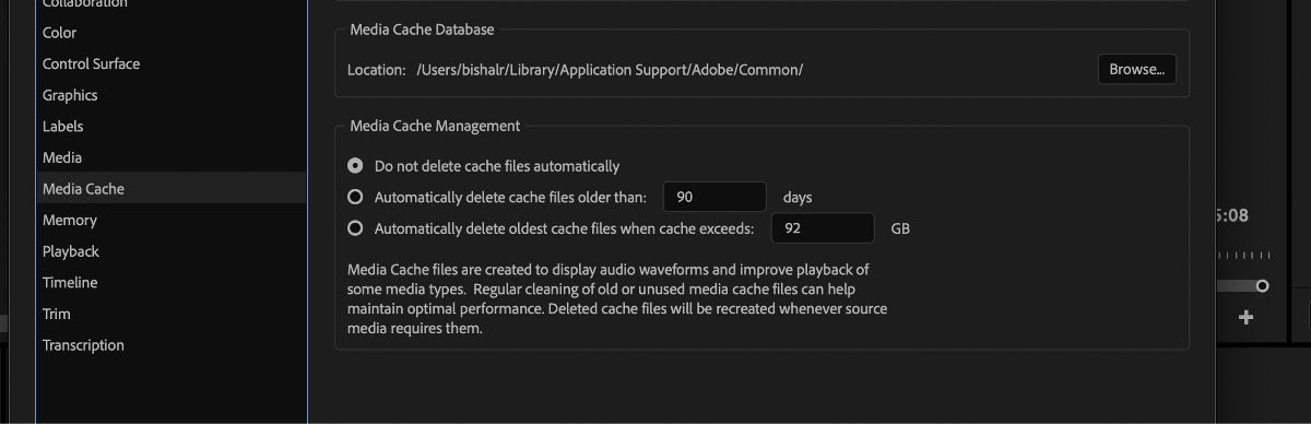 The Preferences dialog is open and the options Media Cache Management and Do not delete cache files automatically are highlighted. 