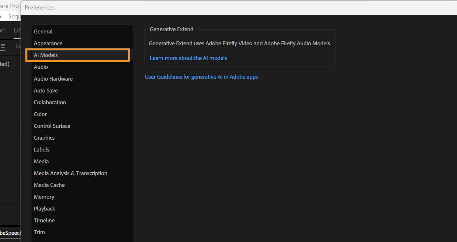 The Preferences dialog is open with the AI Models panel displayed, showing information about Generative Extend powered by Adobe Firefly.
